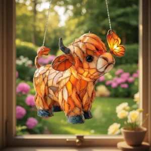 Highland Cow Butterfly Suncatcher | Stained Glass Style Window Hanging(Flat printing effect)