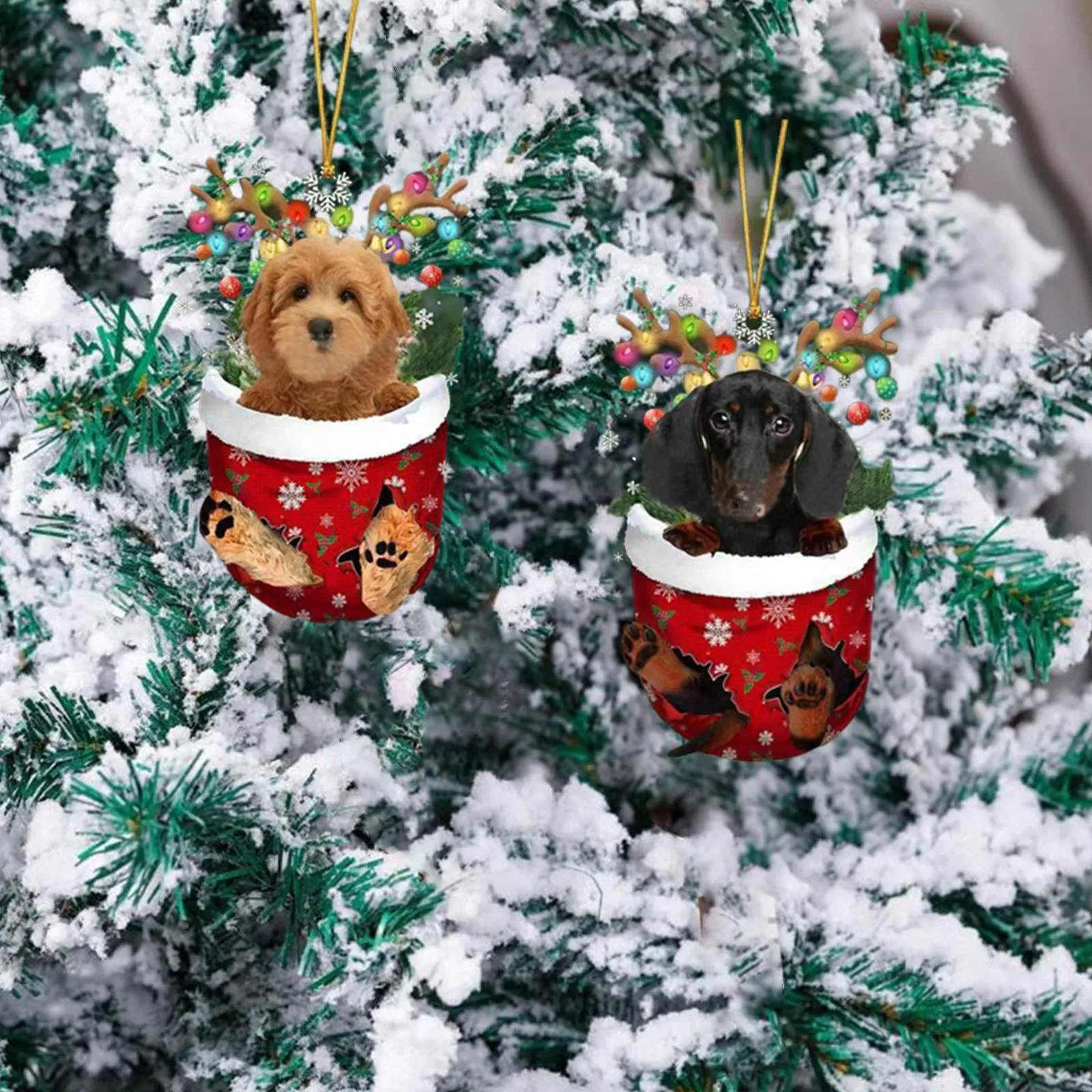 RED Goldendoodle In Snow Pocket Ornament - Image 3
