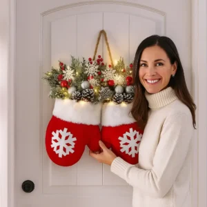 Twinkling Christmas Mitten Wreath with 120 LED Lights & 10H Auto Timer