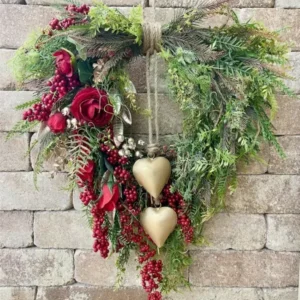 ❤️ Valentine’s Day Farmhouse Valentine Heart Wreath: Gold Bells, Red Roses & Berries🎉