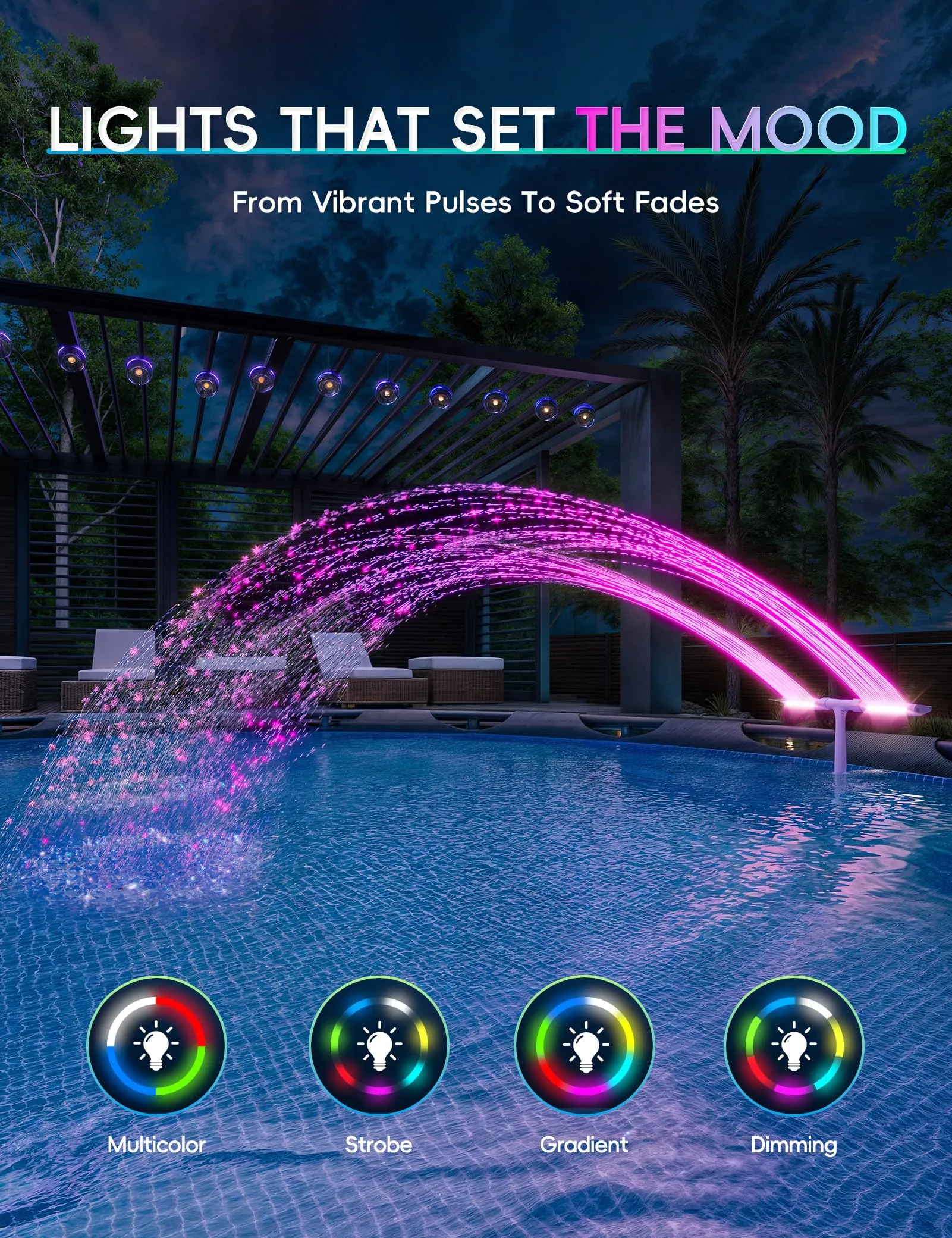 Solar Pool Fountain with Lights Dual Arc - Above/Inground Pool Fountain Lights with Remote Control