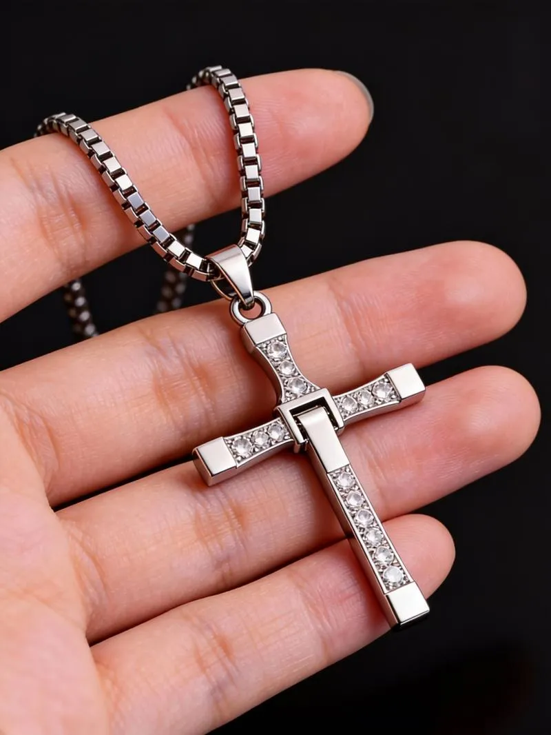 ShimmerHub The Fast and Furious Dominic Toretto Cross Pendant Necklace - Stainless Steel Lobster Clasp Link Chain, 24 Inches (61cm), Silver-Plated with Cubic Zirconia Inlay, Unisex Hip-Hop Punk Streetwear Jewelry for Men & Women