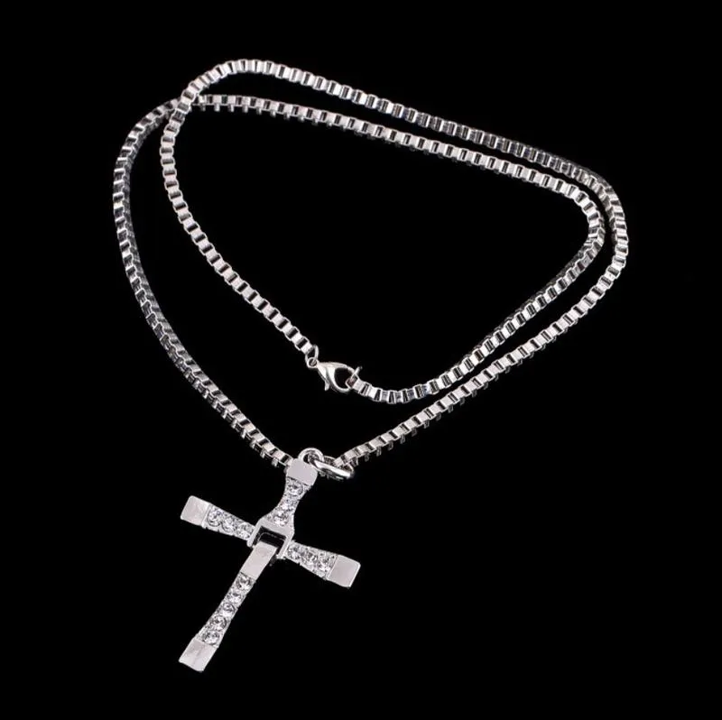 ShimmerHub The Fast and Furious Dominic Toretto Cross Pendant Necklace - Stainless Steel Lobster Clasp Link Chain, 24 Inches (61cm), Silver-Plated with Cubic Zirconia Inlay, Unisex Hip-Hop Punk Streetwear Jewelry for Men & Women