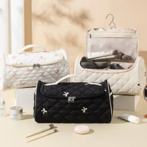 Large Capacity Quilted Travel Organizer – Hair Dryer & Cosmetic Storage Case with Multi-Pockets
