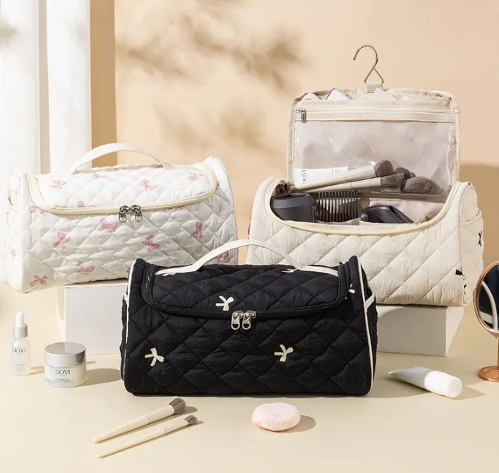 Large Capacity Quilted Travel Organizer – Hair Dryer & Cosmetic Storage Case with Multi-Pockets