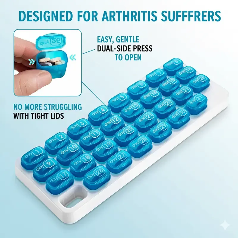 💊Monthly Pill Organizer with Lid - Arthritis-Friendly Easy-Open Lids 31 Removable Daily Pill Pods Date Reminder & Travel Case for Vitamins & Medications - Image 5