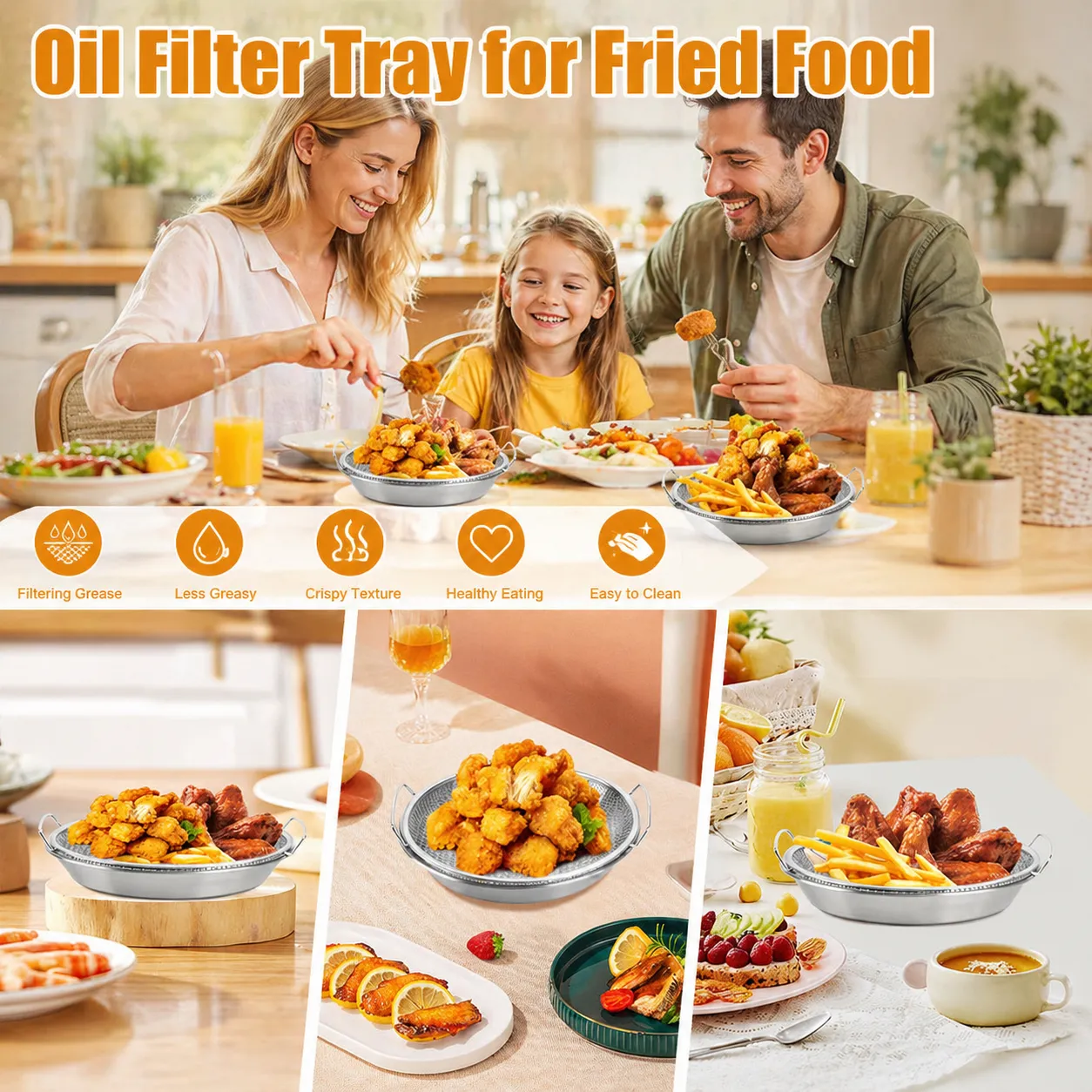 🍟 Multi-Functional Stainless Steel Draining Tray & Mesh Basket Set – For Air Fryer, Frying, Rinsing, & More - 图片 4