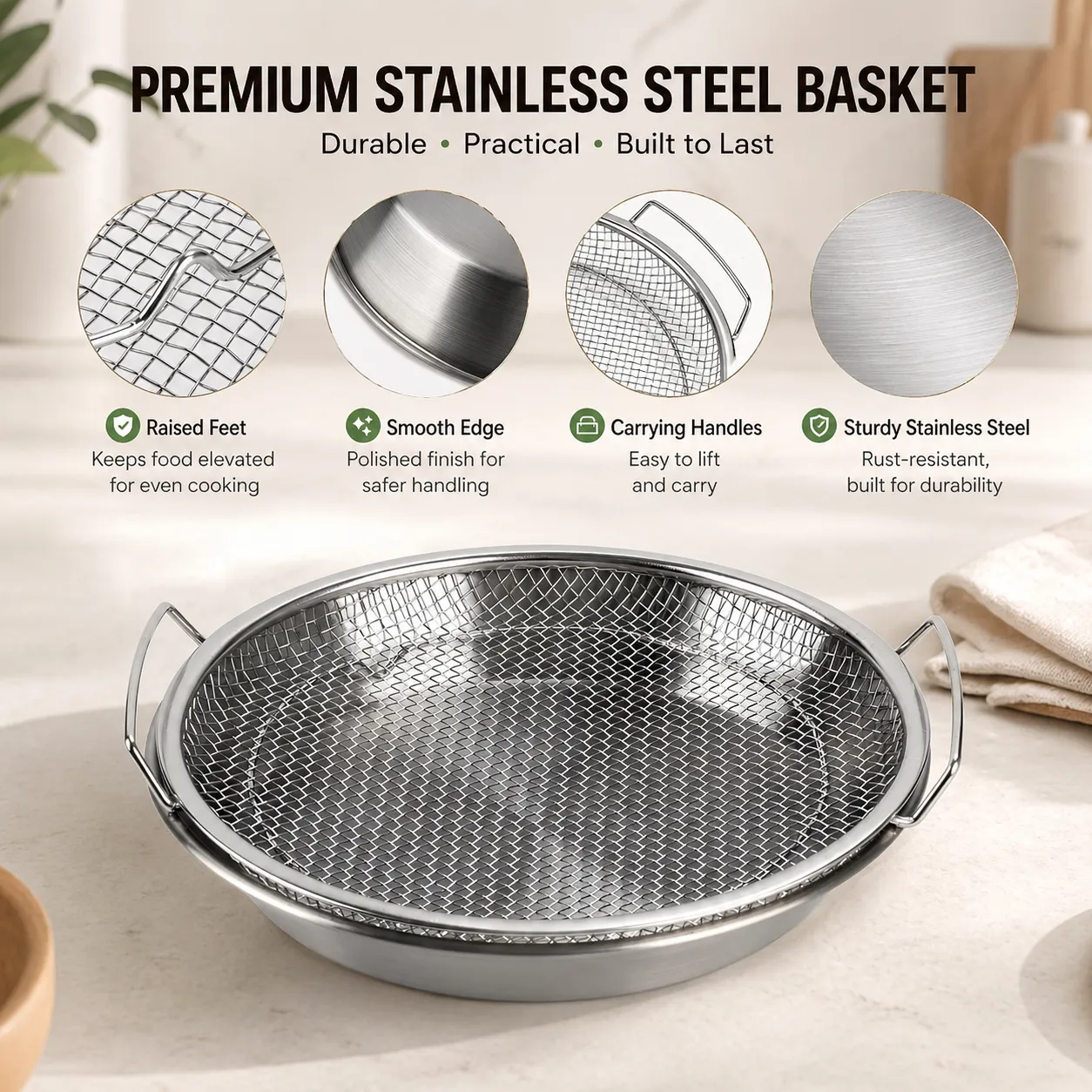 🍟 Multi-Functional Stainless Steel Draining Tray & Mesh Basket Set – For Air Fryer, Frying, Rinsing, & More - 图片 8