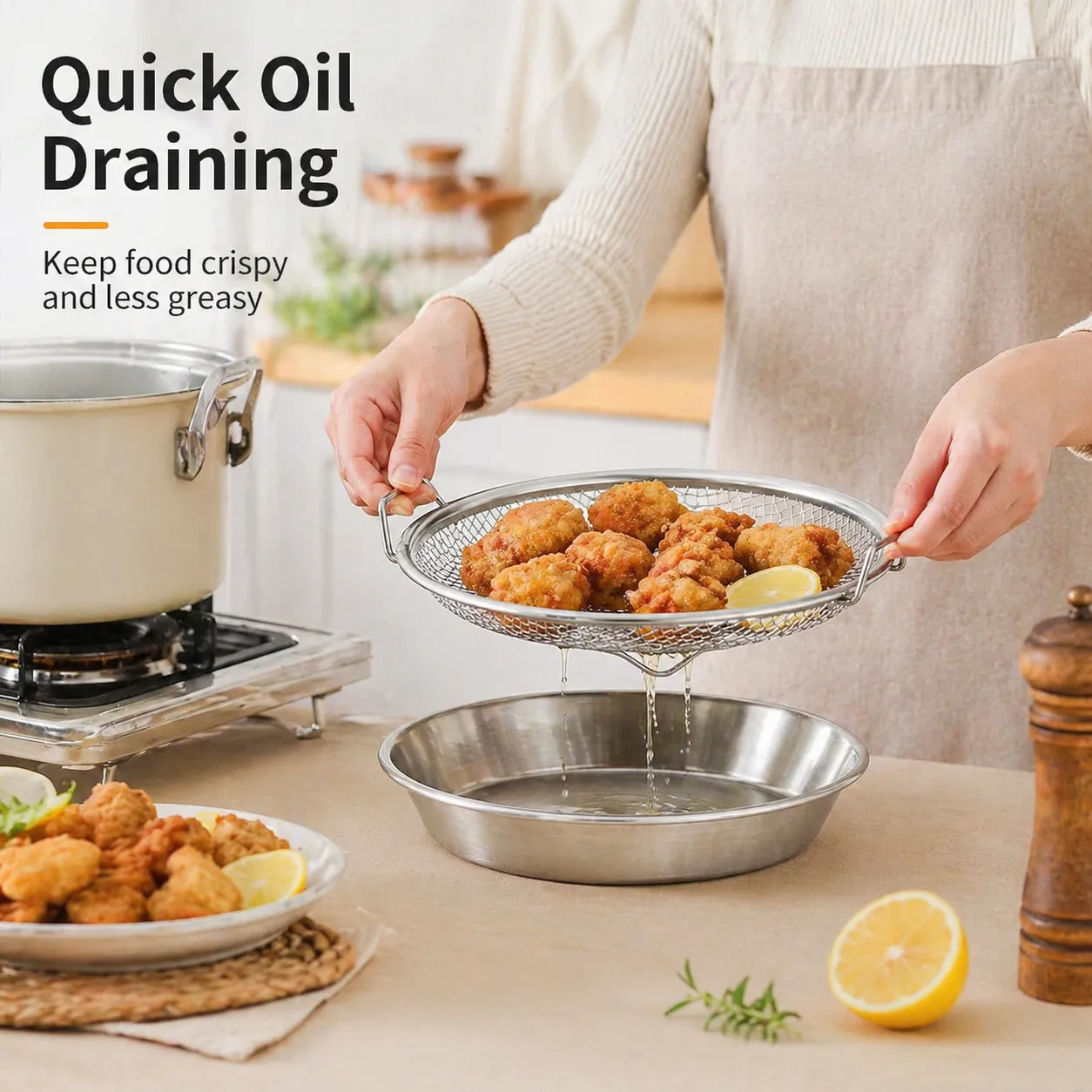 🍟 Multi-Functional Stainless Steel Draining Tray & Mesh Basket Set – For Air Fryer, Frying, Rinsing, & More - 图片 6