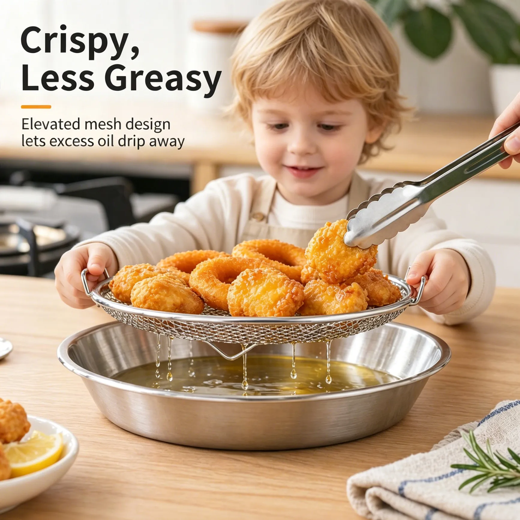 🍟 Multi-Functional Stainless Steel Draining Tray & Mesh Basket Set – For Air Fryer, Frying, Rinsing, & More - 图片 3