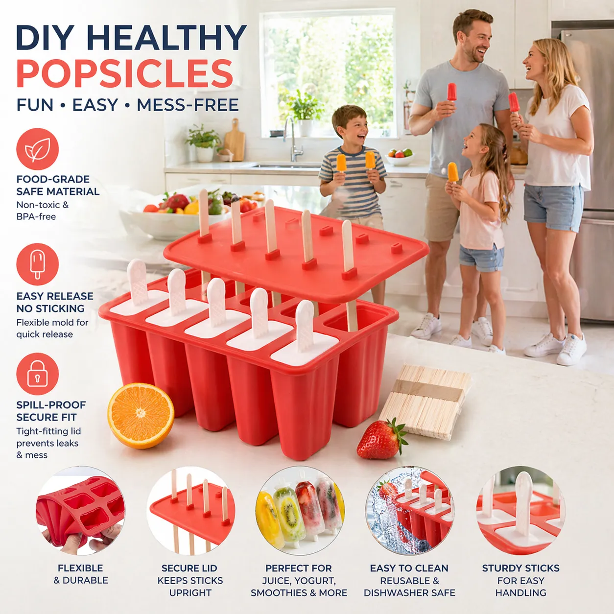 🍧 DIY Popsicle Mold Set– Quick Release, Spill-Proof, and Perfect for Homemade Treats