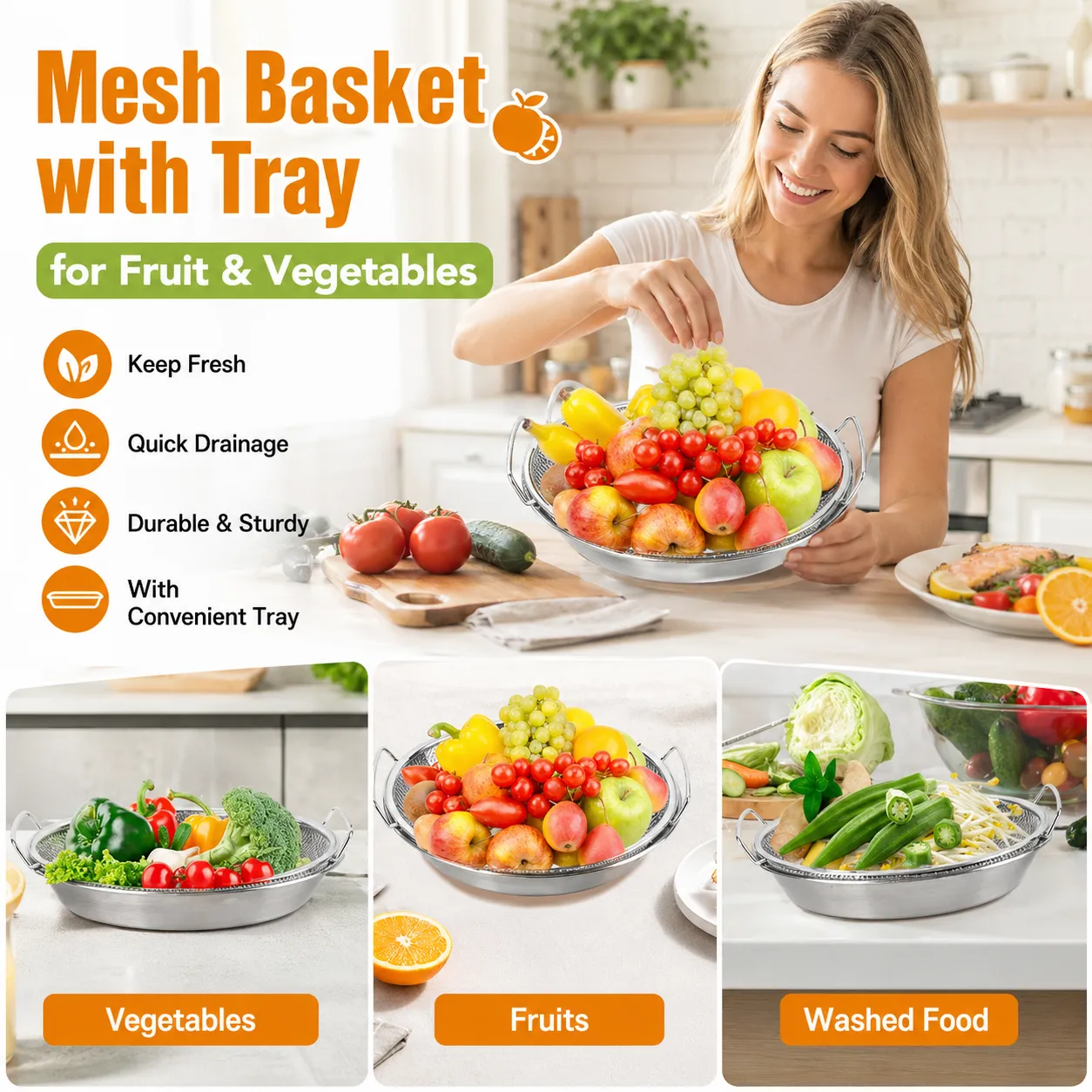 🍟 Multi-Functional Stainless Steel Draining Tray & Mesh Basket Set – For Air Fryer, Frying, Rinsing, & More - 图片 5