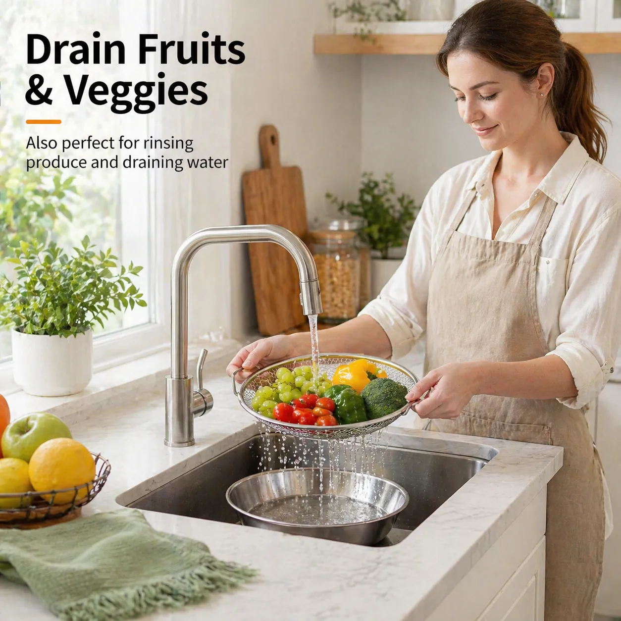 🍟 Multi-Functional Stainless Steel Draining Tray & Mesh Basket Set – For Air Fryer, Frying, Rinsing, & More - 图片 7