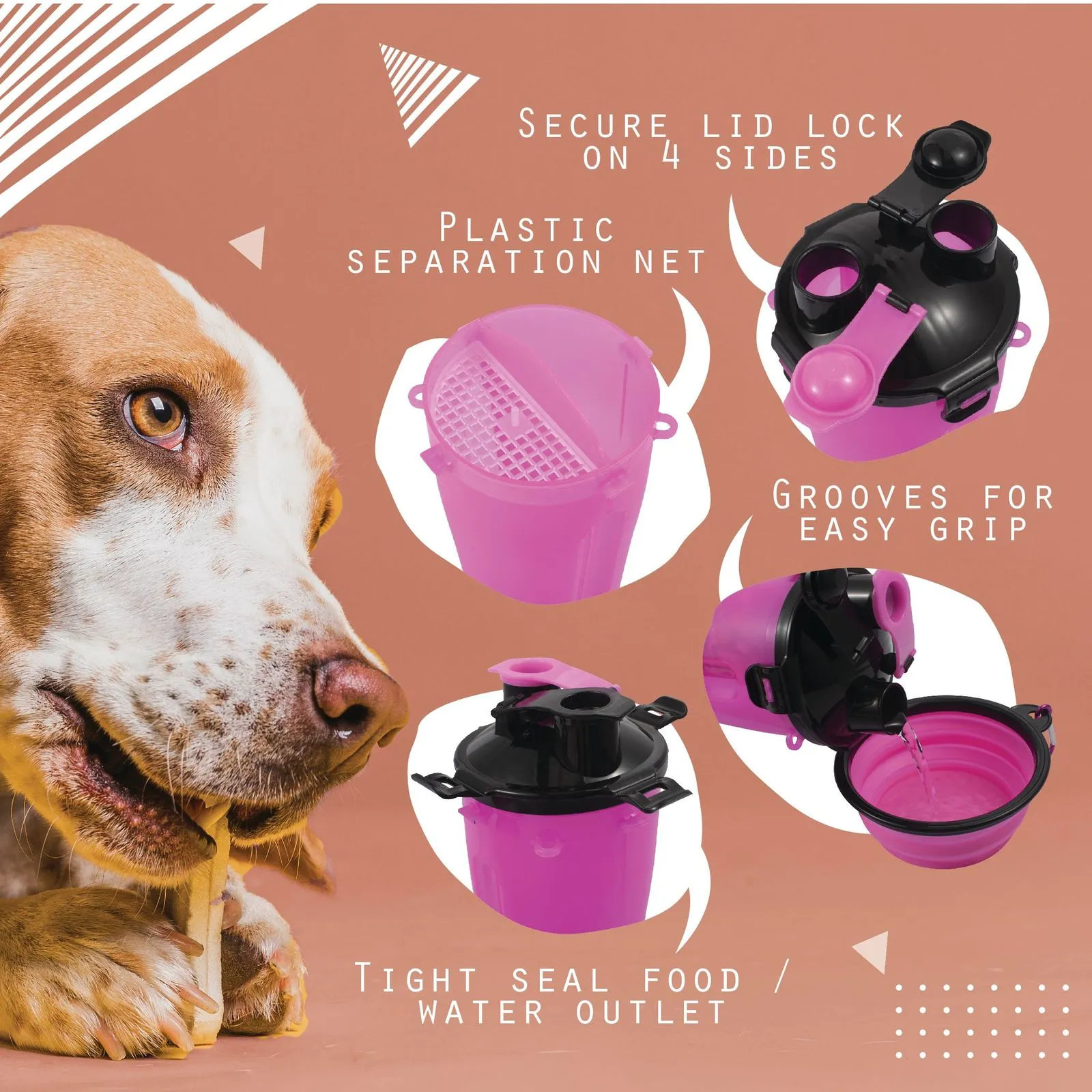 2 in 1 Pet Food & Water Bottle with 2 Collapsible Bowls Set for Dogs, Pink & Black