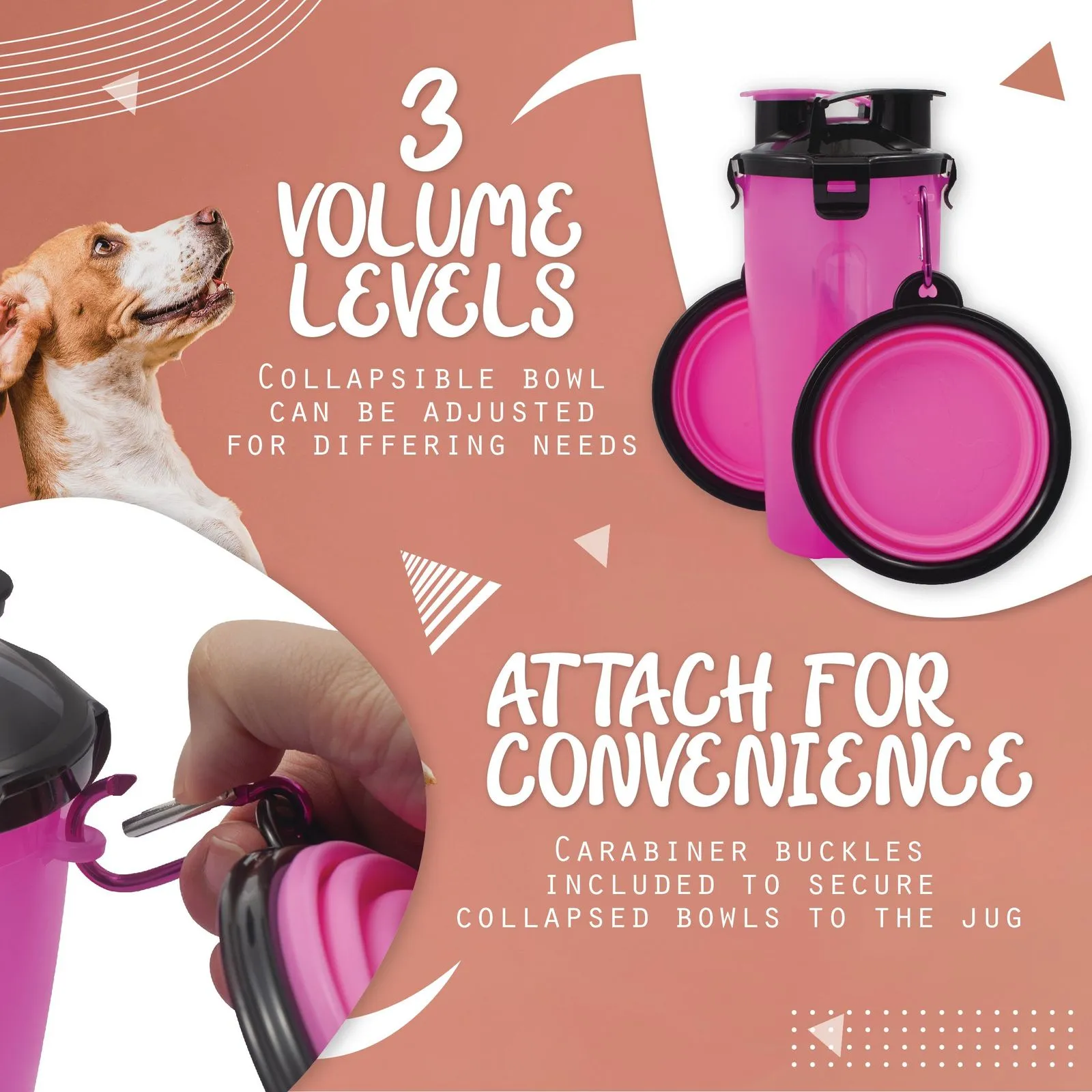 2 in 1 Pet Food & Water Bottle with 2 Collapsible Bowls Set for Dogs, Pink & Black