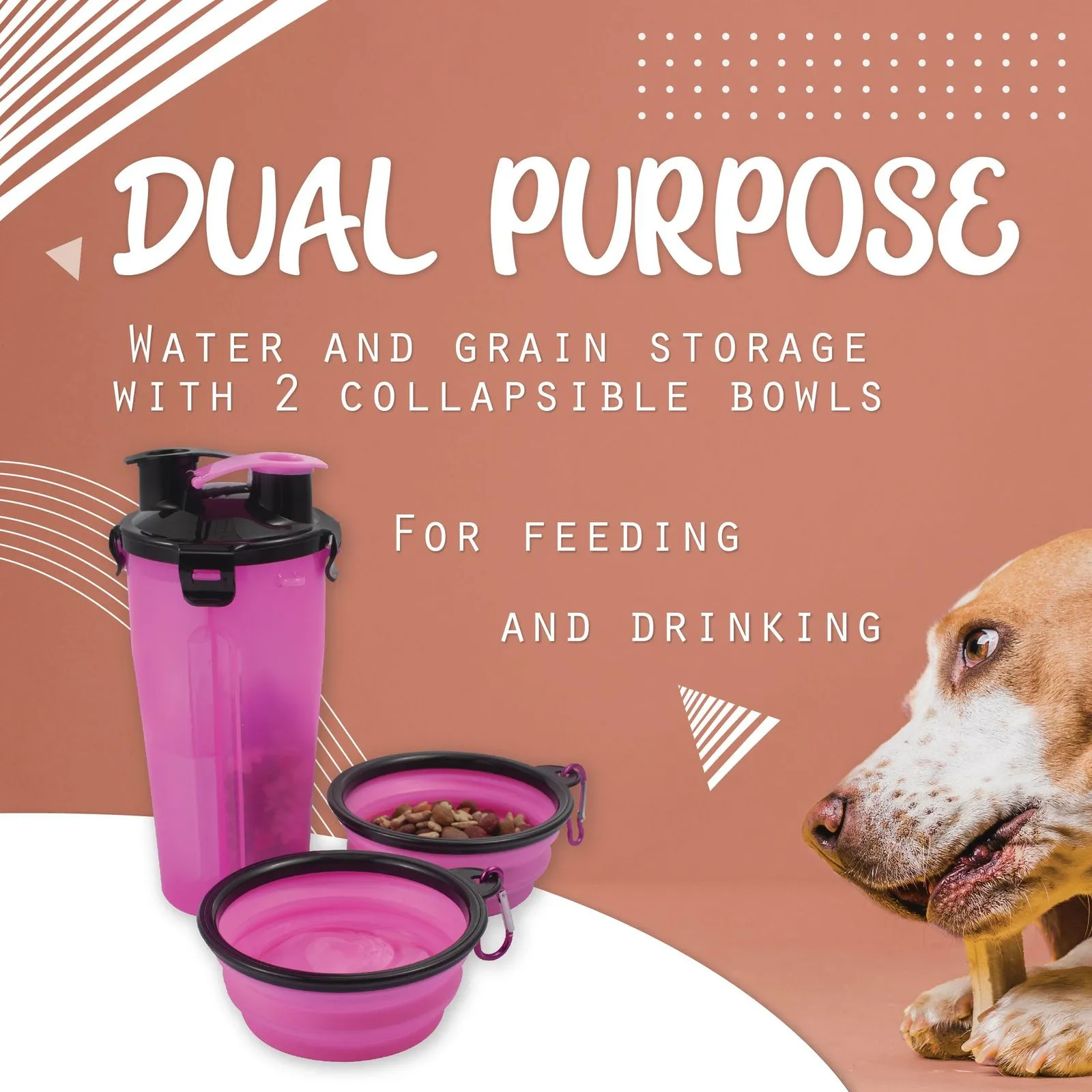 2 in 1 Pet Food & Water Bottle with 2 Collapsible Bowls Set for Dogs, Pink & Black