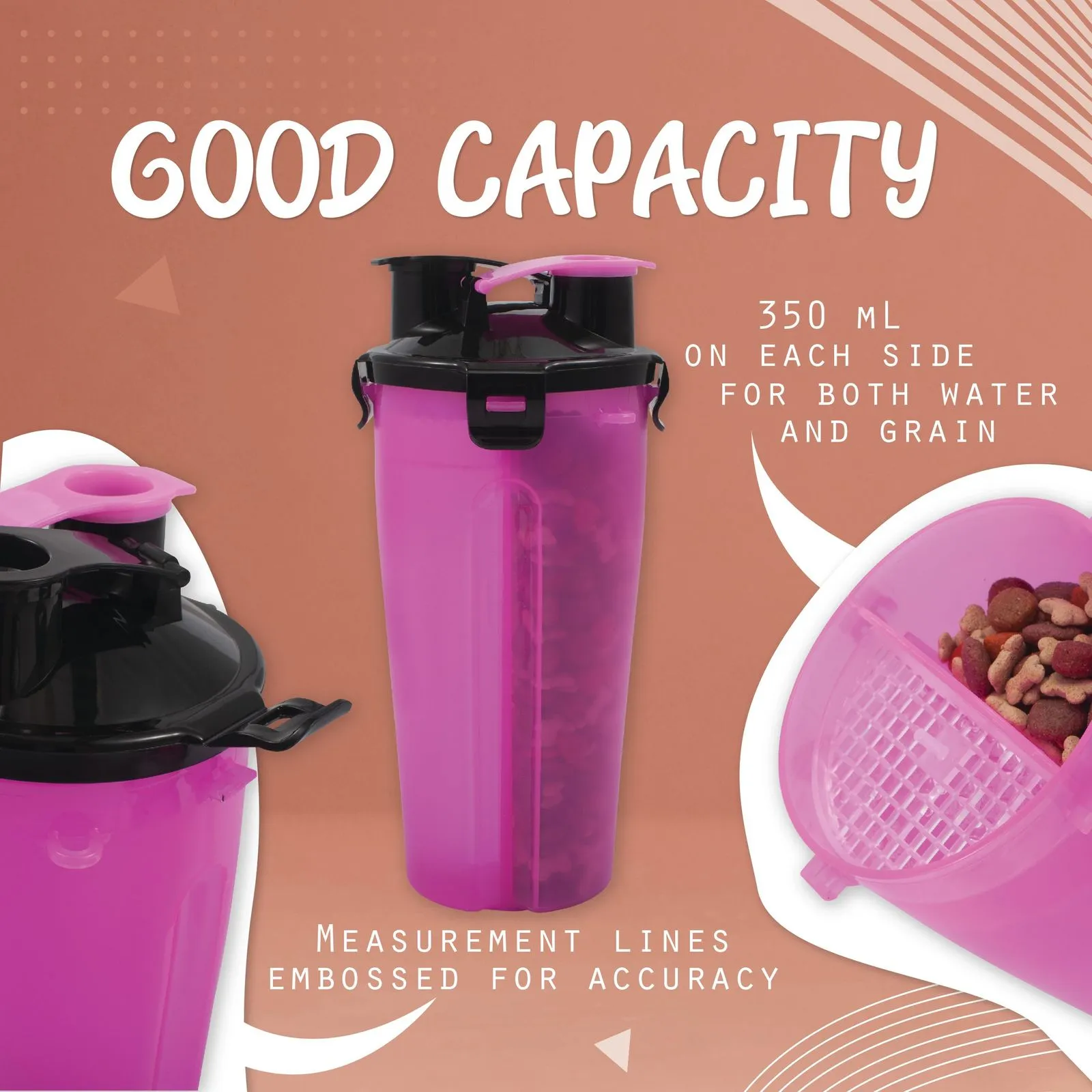 2 in 1 Pet Food & Water Bottle with 2 Collapsible Bowls Set for Dogs, Pink & Black