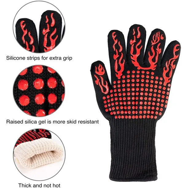 Kitchen Grill Mitts, Silicone Non-Slip Cooking Gloves, Heat Resistant BBQ Gloves - Image 3