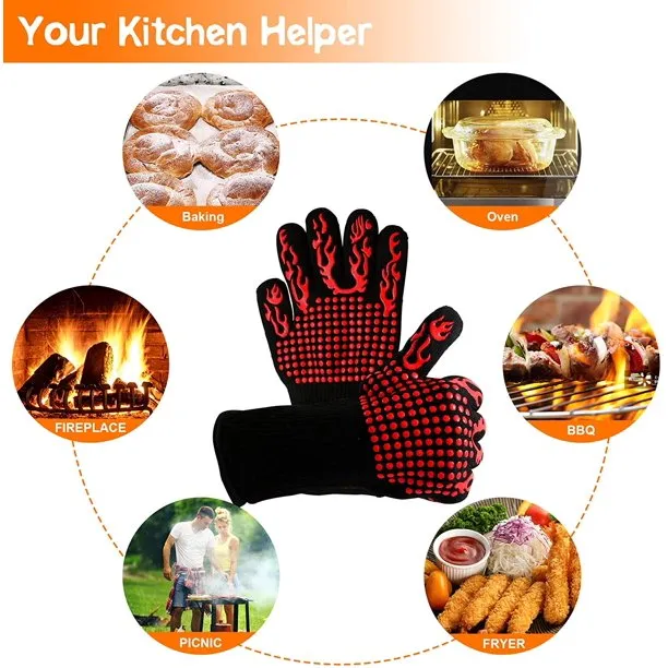 Kitchen Grill Mitts, Silicone Non-Slip Cooking Gloves, Heat Resistant BBQ Gloves - Image 4