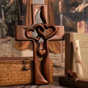 ❤️100% Hand-Carved Intertwined Hearts Wooden Cross✝️