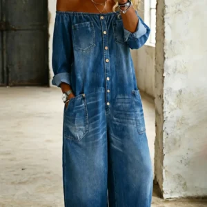 🤠 THE OFF-SHOULDER DENIM JUMPSUIT: VINTAGE WASH, RELAXED FIT, POCKETS FOR DAYS — YOUR NEW ONE-AND-DONE OUTFIT 🤠