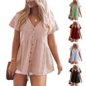 Women's V-Neck Button-Down Ruffle Hem Peplum Top