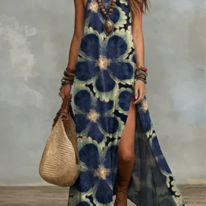 Women’s Halter Neck Boho Printed Side Split Flowy Maxi Dress, Casual Vacation Sleeveless Long Dress