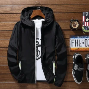 Menswear Plain Pocket Drawstring Zip Up Waterproof Hooded Jacket