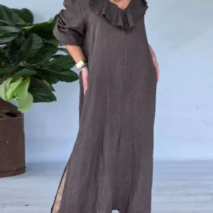 Solid Color V-Neck Ruffle Collar Long Sleeve Loose Casual Dress