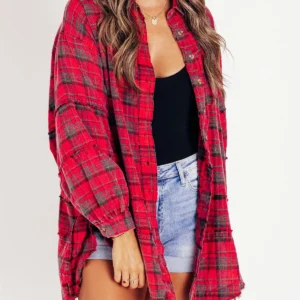 Women's Seams Raw Edge Washed Oversized Shirt Jacket with Pockets