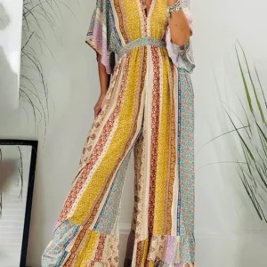 Retro Floral Flare Sleeve Pocketed Loose Wide Leg Jumpsuit