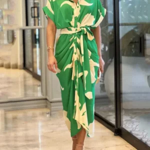 BUY 2 FREE SHIPPING-Casual Lapel Neck Waist Print Shirt Dress