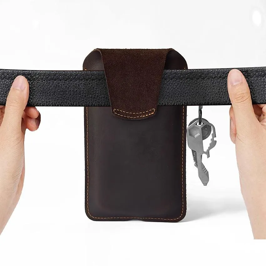 Vintage Cowhide Belt Waist Bag for Men - Multifunctional Phone & Card Holder with Keychain Genuine leather Belt Bag hiking waist bag Leather phone case with belt loops cell phone holster Keychain Holder bag  for Outdoor Hiking Travel bag hip
