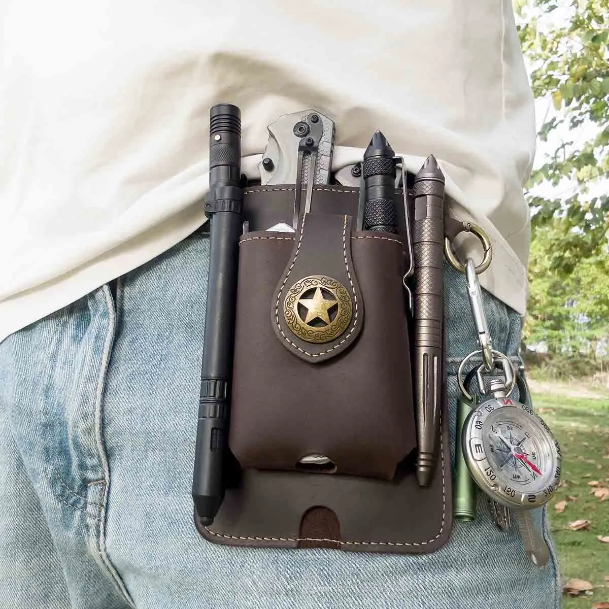 Vintage Cowhide Belt Waist Bag for Men - Multifunctional Phone & Card Holder with Keychain Genuine leather Belt Bag hiking waist bag Leather phone case with belt loops cell phone holster Keychain Holder bag  for Outdoor Hiking Travel bag hip