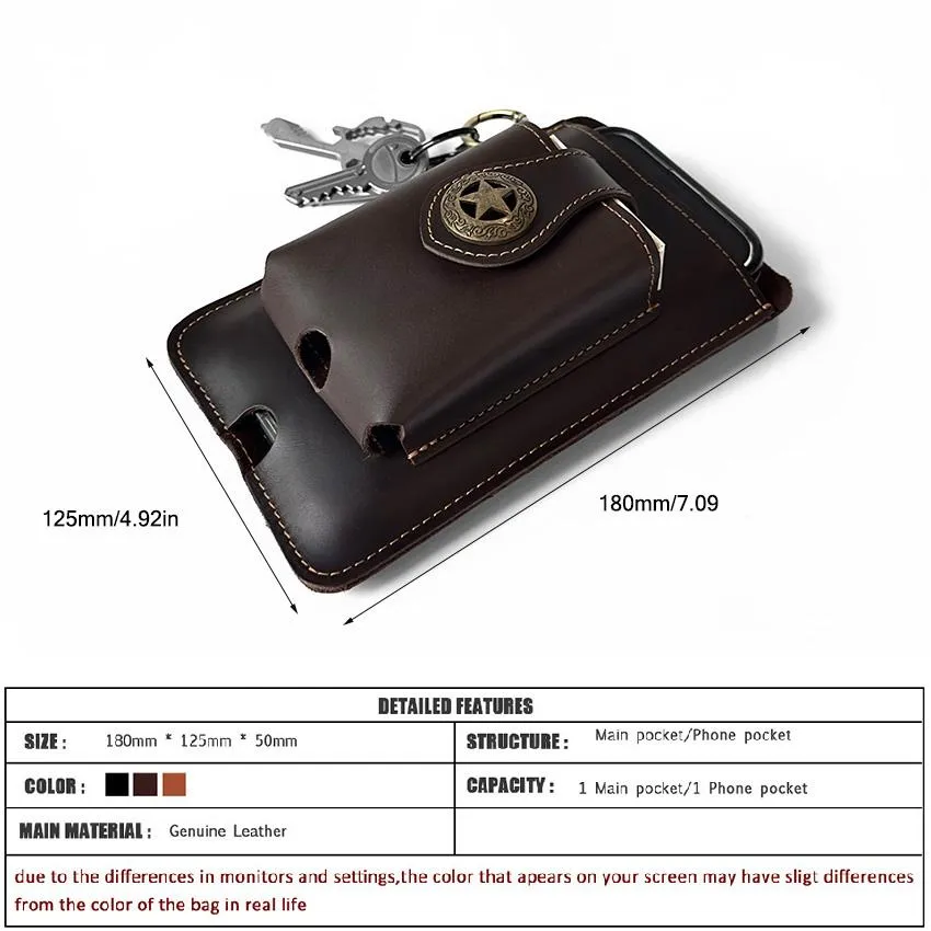 Vintage Cowhide Belt Waist Bag for Men - Multifunctional Phone & Card Holder with Keychain Genuine leather Belt Bag hiking waist bag Leather phone case with belt loops cell phone holster Keychain Holder bag  for Outdoor Hiking Travel bag hip