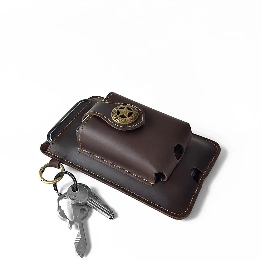 Vintage Cowhide Belt Waist Bag for Men - Multifunctional Phone & Card Holder with Keychain Genuine leather Belt Bag hiking waist bag Leather phone case with belt loops cell phone holster Keychain Holder bag  for Outdoor Hiking Travel bag hip
