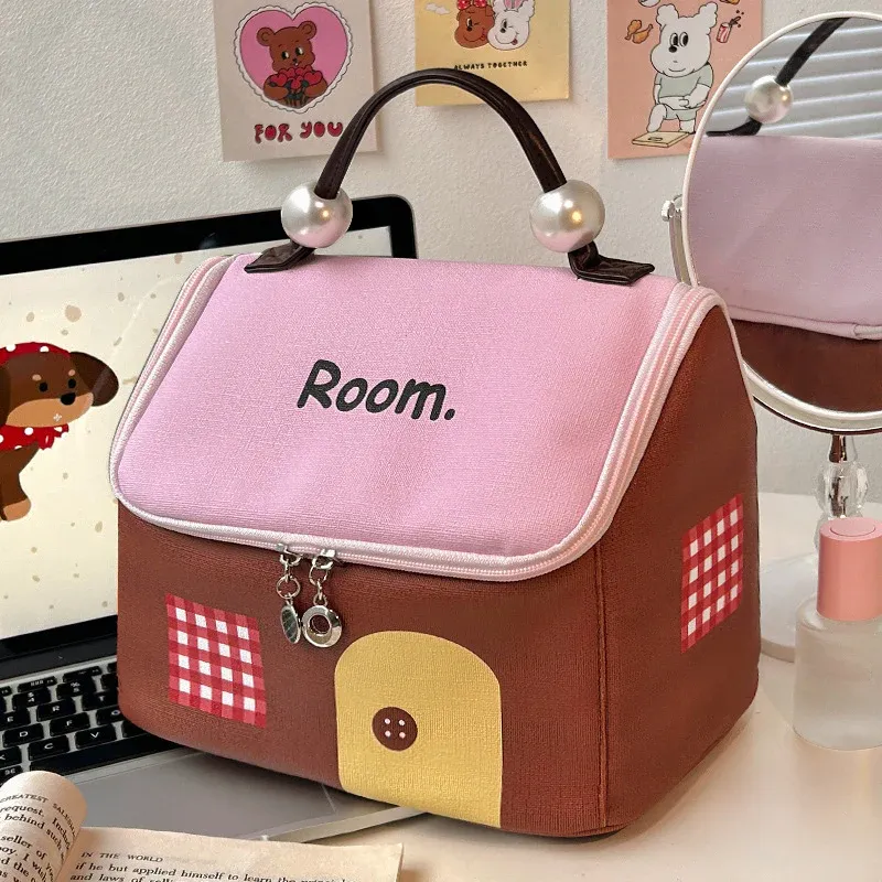 Portable Handle on House-Shaped Cosmetic Bag