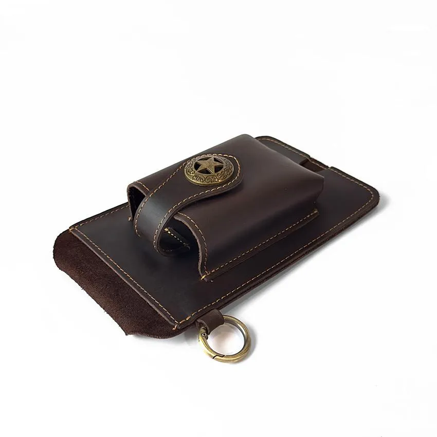 Vintage Cowhide Belt Waist Bag for Men - Multifunctional Phone & Card Holder with Keychain Genuine leather Belt Bag hiking waist bag Leather phone case with belt loops cell phone holster Keychain Holder bag  for Outdoor Hiking Travel bag hip
