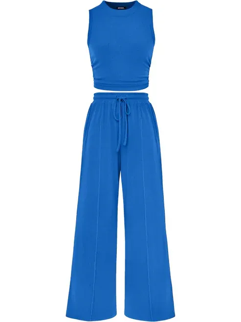 🔥Women Sleeveless Cropped Top Elastic Waist Wide Leg Pants 2 Piece Set - Image 6