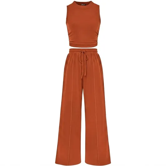 🔥Women Sleeveless Cropped Top Elastic Waist Wide Leg Pants 2 Piece Set - Image 16