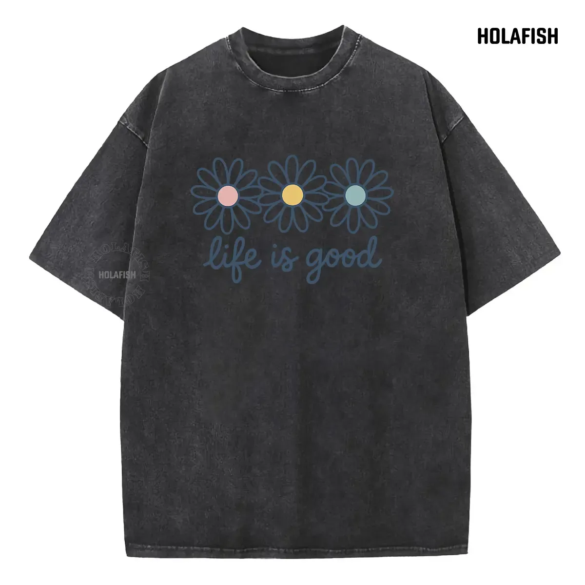 Holafish Acid Wash Cotton T-Shirt with Daisy Print Drop Shoulder Design for Vintage Streetwear Unisex Baggy Hip Hop Style Acid Washed Graphic TeeMother's Day Gift - Image 2