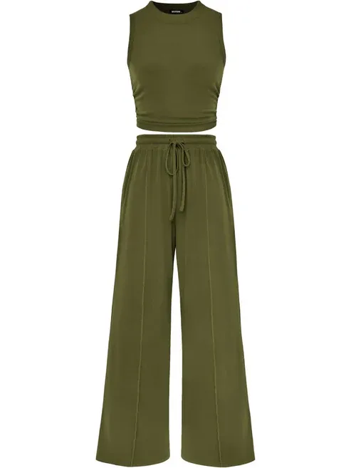 🔥Women Sleeveless Cropped Top Elastic Waist Wide Leg Pants 2 Piece Set - Image 5