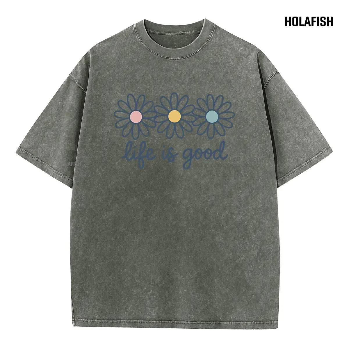 Holafish Acid Wash Cotton T-Shirt with Daisy Print Drop Shoulder Design for Vintage Streetwear Unisex Baggy Hip Hop Style Acid Washed Graphic TeeMother's Day Gift - Image 5