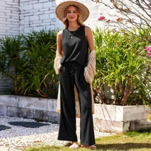 Womens Pajamas 2 Piece Lounge Set Waffle Knit Loungewear Sleeveless Tank Top with Long Pants Outfits S-XXL