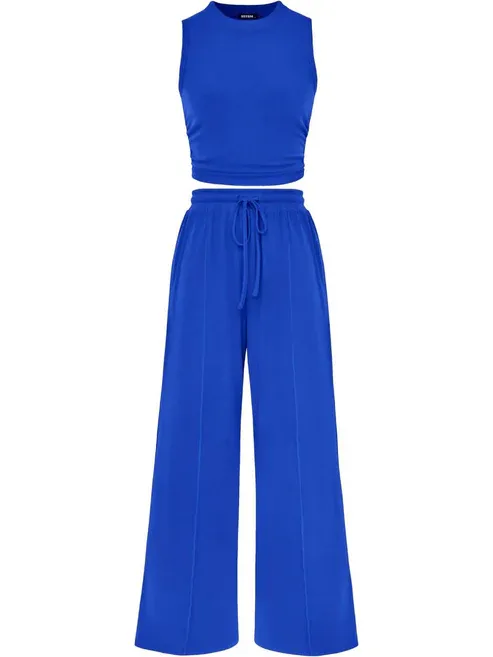 🔥Women Sleeveless Cropped Top Elastic Waist Wide Leg Pants 2 Piece Set - Image 7