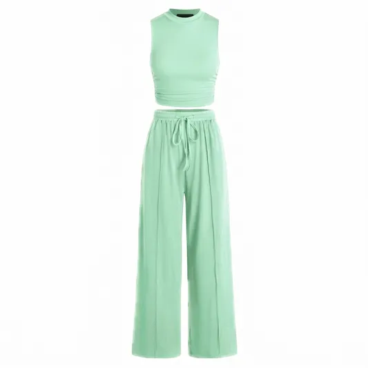 🔥Women Sleeveless Cropped Top Elastic Waist Wide Leg Pants 2 Piece Set - Image 14