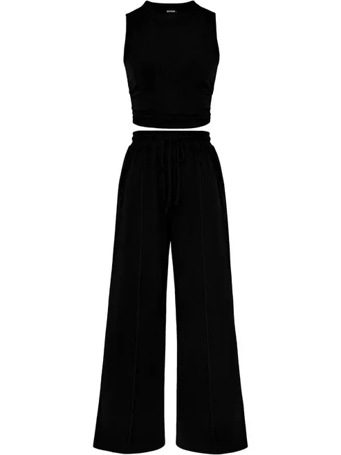 🔥Women Sleeveless Cropped Top Elastic Waist Wide Leg Pants 2 Piece Set - Image 4