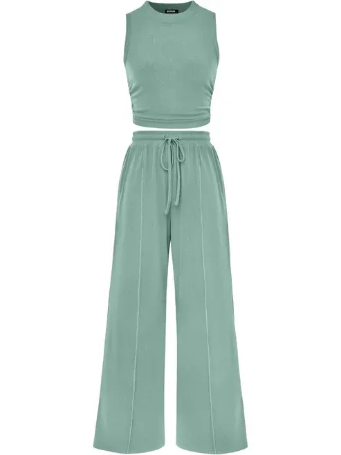 🔥Women Sleeveless Cropped Top Elastic Waist Wide Leg Pants 2 Piece Set - Image 9