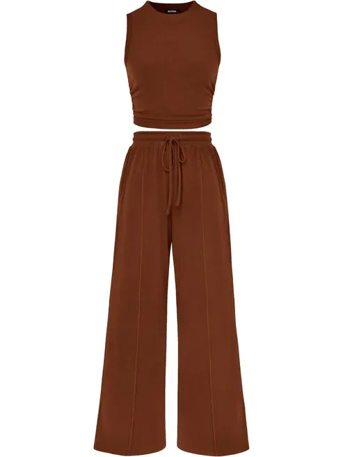 🔥Women Sleeveless Cropped Top Elastic Waist Wide Leg Pants 2 Piece Set - Image 2