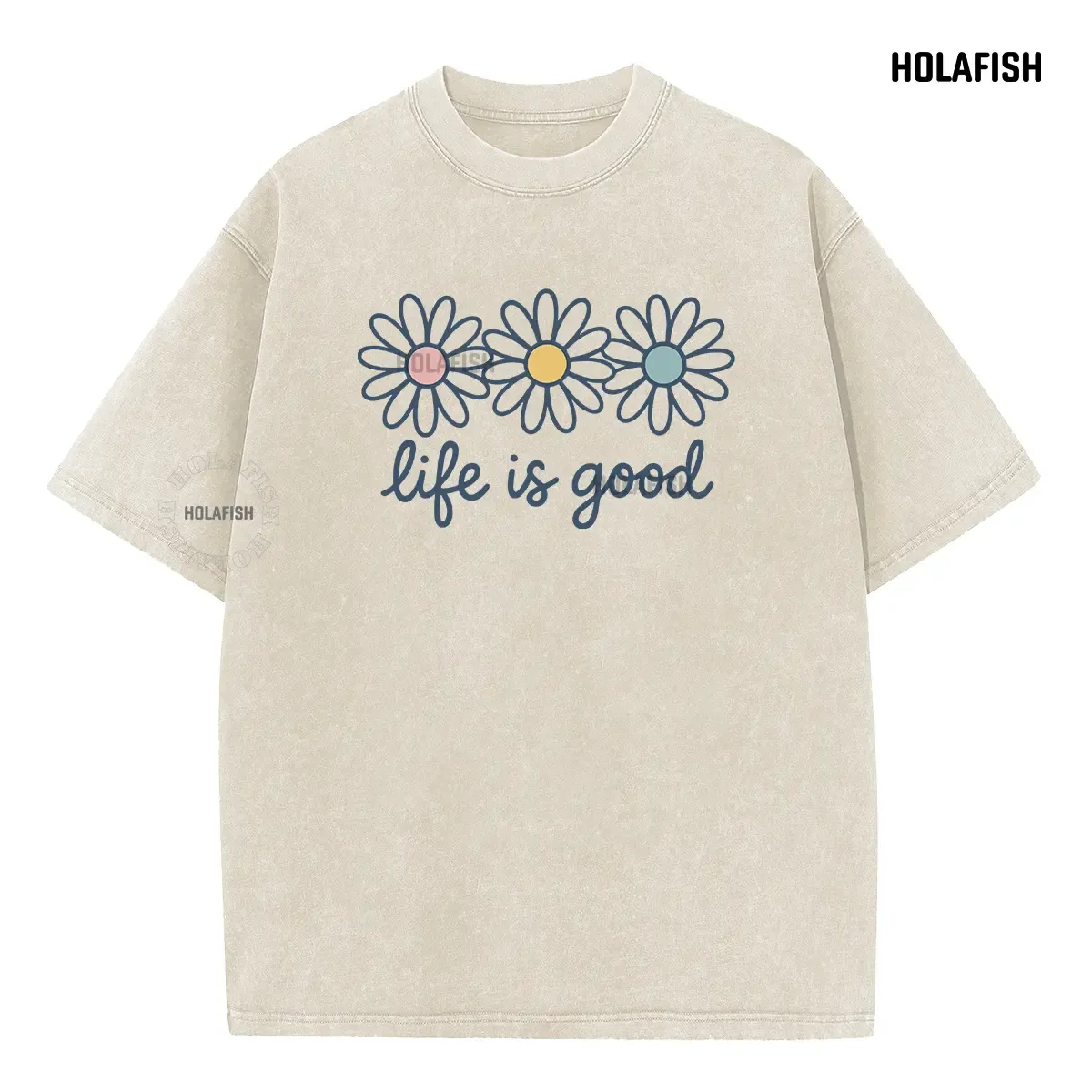 Holafish Acid Wash Cotton T-Shirt with Daisy Print Drop Shoulder Design for Vintage Streetwear Unisex Baggy Hip Hop Style Acid Washed Graphic TeeMother's Day Gift - Image 9